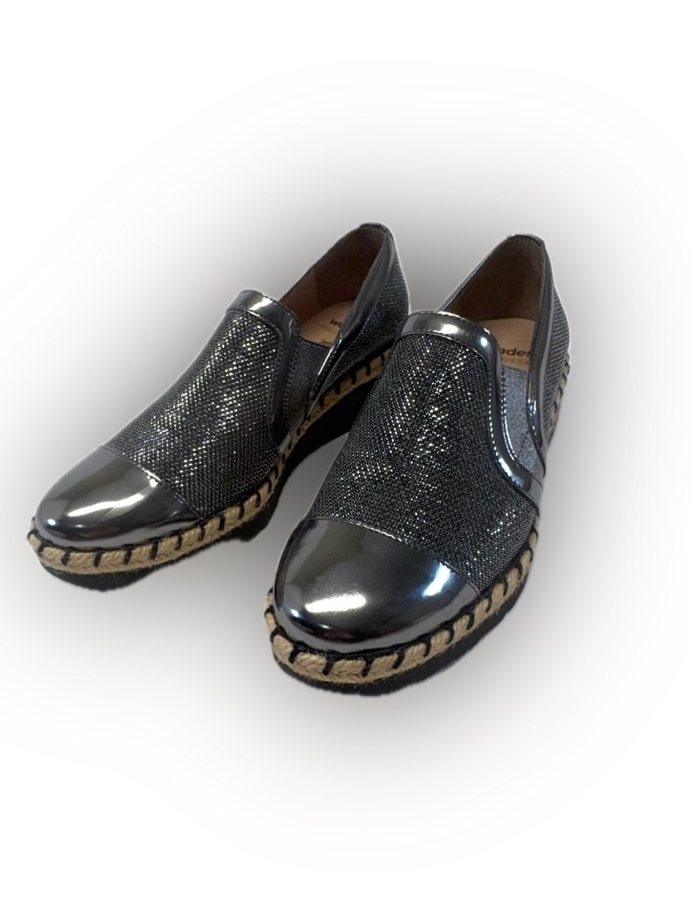Wonders Spain Metallic Gunmetal Patent Glitter SlipOn Loafers EU-39/US8.5-9 NWOB